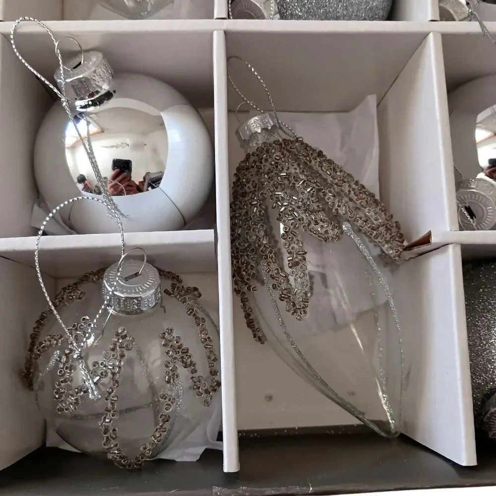 14 Martha Stewart Silver Glass Ornament Set Christmas Beaded‎ Glittery Bedford